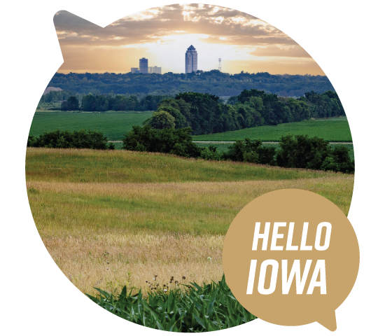 Hello Iowa conversation bubble with iowa landscape