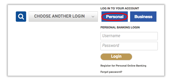 Click the Personal Button at the top of our website to log into Personal Online Banking.